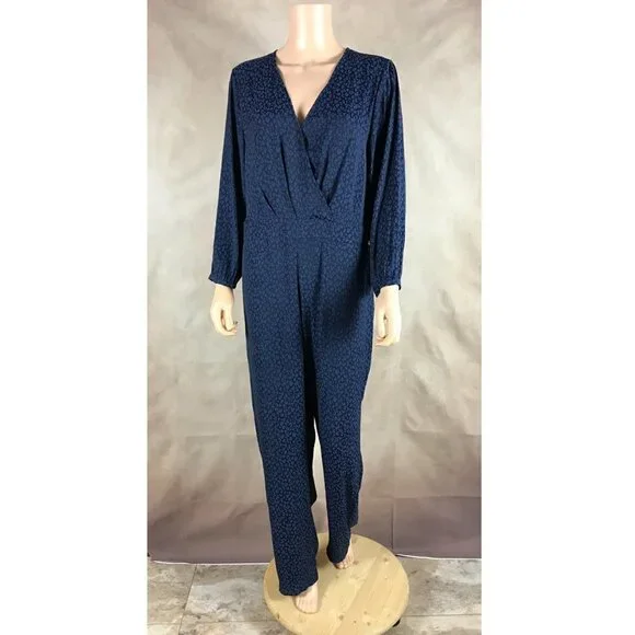 1.STATE Women's Blue Silky Sheen Surplice V-neck Leopard Print Jumpsuit NWD 12 - Picture 2 of 9
